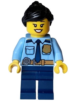 Police - City Officer Female, Shirt with Dark Blue Tie and Gold Badge, Dark Tan Belt with Radio, Dark Blue Legs, Black Ponytail