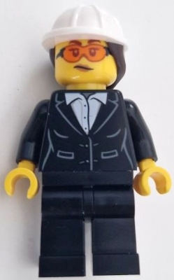 Construction Engineer / Architect - Female, Black Suit Jacket with White Button Up Shirt, Black Legs, White Construction Helmet with Dark Brown Ponytail Hair, Safety Glasses