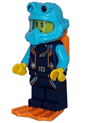 Arctic Explorer Diver - Male, Dark Blue Diving Suit, Orange Air Tanks and Flippers, Medium Azure Helmet
