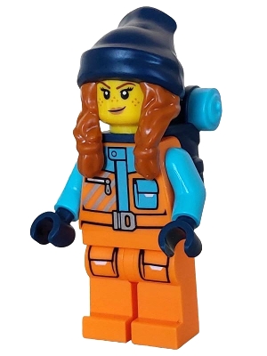 Arctic Explorer - Female, Orange Jacket, Dark Orange Braids with Dark Blue Beanie, Freckles, Backpack