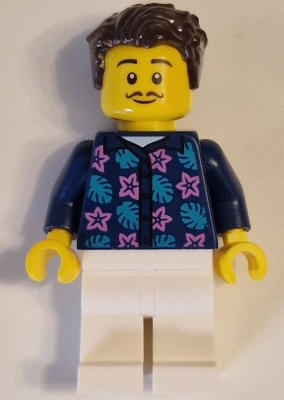 Apartment Building Resident - Male, Dark Blue Jacket with Flowers and Leaves, White Legs, Dark Brown Hair, Moustache