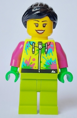 Mountain Bike Cyclist - Female, Neon Yellow Jacket with Paint Splotches, Lime Legs, Black Hair