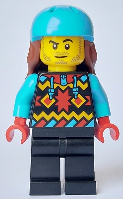 Snowboarder - Male, Geometric Jacket, Black Legs, Medium Azure Sports Helmet, Reddish Brown Long Hair