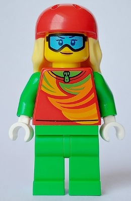 Skier - Female, Red Top, Bright Green Legs, Red Sports Helmet, Bright Light Yellow Long Hair, Ski Goggles