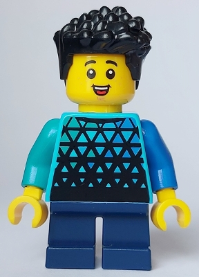 Child - Boy, Medium Azure Top with Triangles, Dark Blue Short Legs, Black Hair