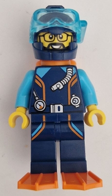 Arctic Explorer Diver - Male, Dark Blue Diving Suit and Helmet, Orange Air Tanks and Flippers, Trans-Light Blue Diver Mask, Beard and Glasses