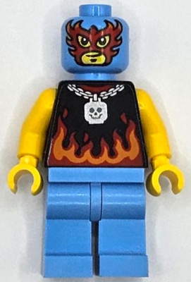 Taco Monster Truck Driver - Male, Black Sleeveless Shirt with Flames, Medium Blue Legs, Wrestling Mask
