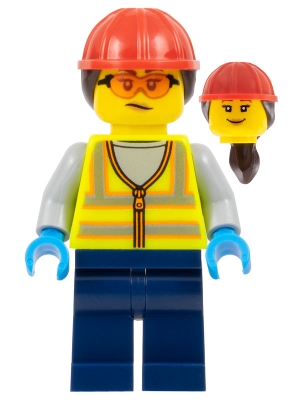 Airport Worker - Female, Neon Yellow Safety Vest, Dark Blue Legs, Red Construction Helmet with Dark Brown Ponytail Hair, Safety Glasses