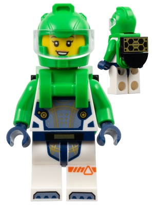 Astronaut - Female, Bright Green Helmet, Bright Green Backpack with Solar Panel, White Suit with Bright Green Arms