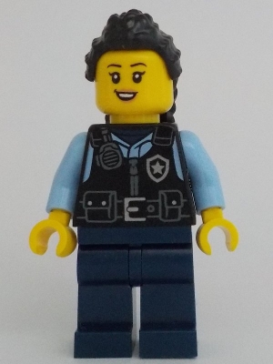 Police - City Officer Female, Black Safety Vest, Dark Blue Legs, Black Hair Long with Braided Ponytail
