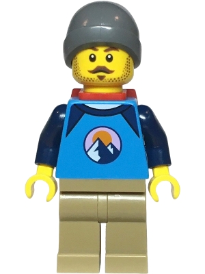 Hiker - Male, Dark Azure and Dark Blue Shirt with Mountains, Dark Tan Legs, Dark Bluish Gray Beanie, Red Backpack Thin