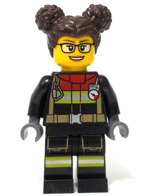 Fire - Female, Black Jacket and Legs with Reflective Stripes and Red Collar, Dark Brown Hair with Buns