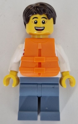 Sailboat Driver - Male, White Sweater with Red Horizontal Stripes, Sand Blue Legs, Dark Brown Short Tousled Hair, Orange Life Jacket