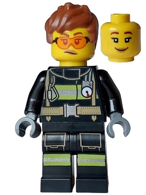 Fire - Female, Black Jacket and Legs with Reflective Stripes, Reddish Brown Messy Hair, Safety Glasses