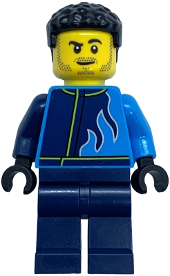 Monster Truck Driver - Male, Dark Azure and Dark Blue Racing Jacket with Flames, Dark Blue Legs, Black Hair