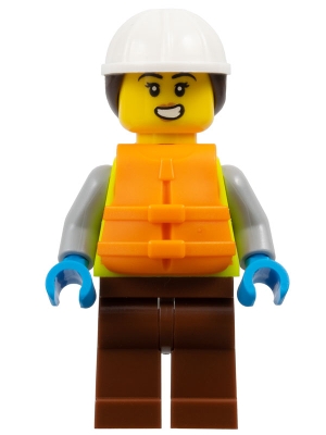 Dock Worker - Female, Neon Yellow Safety Vest, Reddish Brown Legs, White Construction Helmet with Dark Brown Ponytail Hair, Orange Life Jacket