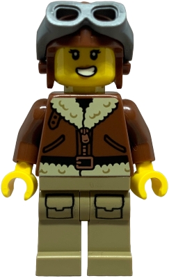 Airplane Soapbox Race Car Driver (Pilot) - Female, Reddish Brown Aviator Jacket, Dark Tan Legs with Pockets, Aviator Cap, Dark Bluish Gray Goggles
