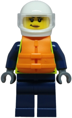 Police - City Officer Female, Neon Yellow Safety Vest, Dark Blue Legs, White Helmet, Trans-Clear Visor, Orange Life Jacket