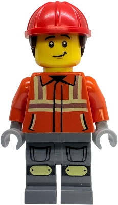 Construction Worker, Reddish Orange Safety Jacket, Dark Bluish Gray Legs, Red Helmet