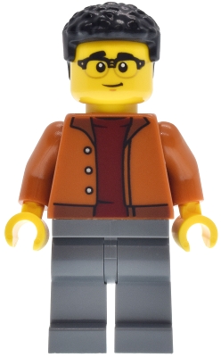 EV Supercar Driver - Male, Dark Orange Jacket, Dark Bluish Gray Legs, Black Coiled Hair
