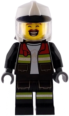Fire - Male, Black Open Jacket and Legs with Reflective Stripes and Red Collar, White Fire Helmet, Trans-Clear Visor, Reddish Brown Moustache