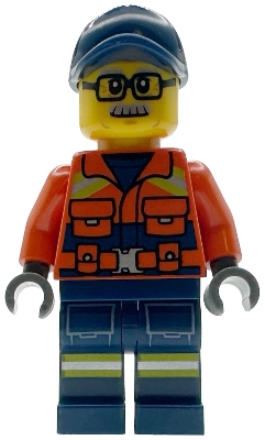 Coast Guard City - Male, Reddish Orange Jacket with Pockets and Reflective Stripes, Dark Blue Legs with Pockets and Reflective Stripes, Dark Blue Cap, Glasses and Moustache