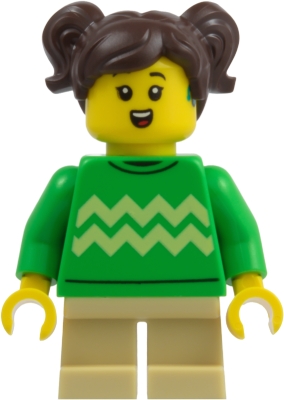 Child - Girl, Bright Green Sweater with Bright Light Yellow Zigzag Lines, Hearing Aid, Tan Short Legs, Dark Brown Hair with Pigtails