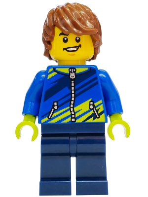 Mountain Bike Cyclist - Male, Blue Jacket with Dark Blue and Lime Diagonal Stripes, Dark Blue Legs, Reddish Brown Hair