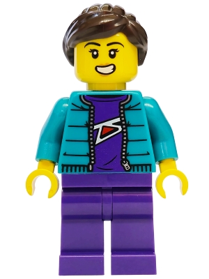 Mountain Bike Cyclist -  Female, Dark Turquoise Jacket, Dark Purple Legs, Dark Brown Ponytail