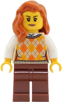 Woman, Tan Sweater, Reddish Brown Legs, Dark Orange Hair