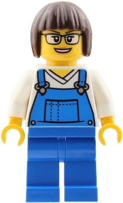 Woman, Blue Overalls, Dark Brown Hair