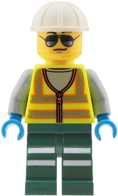 Train Driver, Vibrant Yellow Safety Vest, Dark Green Legs, White Hard Hat