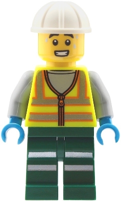 Train Crew, Vibrant Yellow Safety Vest, Dark Green Legs, White Hard Hat
