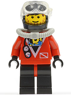 Diver, Man, Red Wetsuit, Black Helmet with Mask, Airtank, Stubble