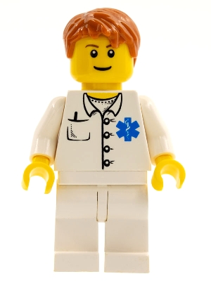 Doctor - EMT Star of Life Button Shirt, White Legs, Dark Orange Short Tousled Hair, Reddish Brown Eyebrows