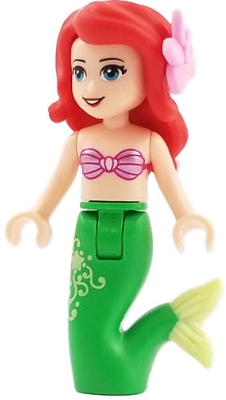 Ariel, Mermaid - Metallic Pink Shell Bra Top, Bright Green Tail with Star and Filigree, Medium Azure Eyes, Bright Pink Flower