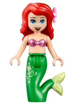 Ariel, Mermaid - Metallic Pink Shell Bra Top, Bright Green Tail with Star and Filigree, Medium Blue Eyes, Bright Pink Flower