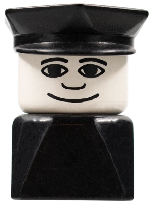 Duplo 2 x 2 x 2 Figure Brick Early, Male on Black Base, Black Police Hat, Wide Smile