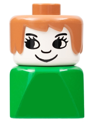 Duplo 2 x 2 x 2 Figure Brick Early, Female on Green Base, Fabuland Brown Hair, Eyelashes, Nose
