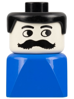 Duplo 2 x 2 x 2 Figure Brick Early, Male on Blue Base, Black Hair, Moustache
