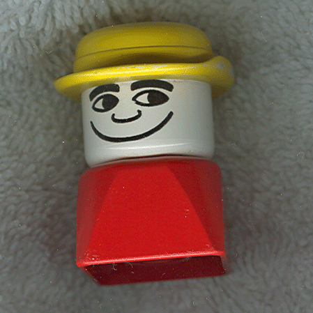 Duplo 2 x 2 x 2 Figure Brick Early, Male on Red Base, Yellow Derby Hat