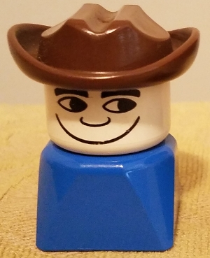 Duplo 2 x 2 x 2 Figure Brick Early, Male on Blue Base, Fabuland Brown Western Hat