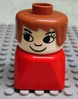 Duplo 2 x 2 x 2 Figure Brick Early, Female on Red Base, Fabuland Brown Hair, Eyelashes, Nose