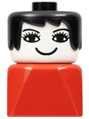 Duplo 2 x 2 x 2 Figure Brick Early, Female on Red Base, Black Hair, Eyelashes, Nose