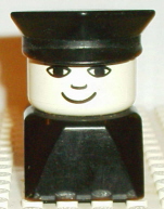 Duplo 2 x 2 x 2 Figure Brick Early, Male on Black Base, Black Police Hat, Small Smile