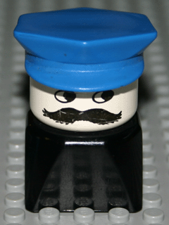 Duplo 2 x 2 x 2 Figure Brick Early, Male on Black Base, Blue Police Hat, Moustache
