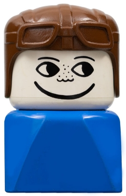 Duplo 2 x 2 x 2 Figure Brick Early, Male on Blue Base, Brown Aviator Hat, Freckles