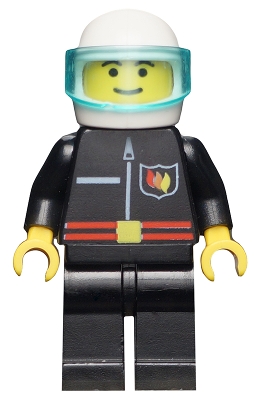 Fire - Flame Badge and Straight Line, Black Legs, White Helmet, Trans-Light Blue Visor