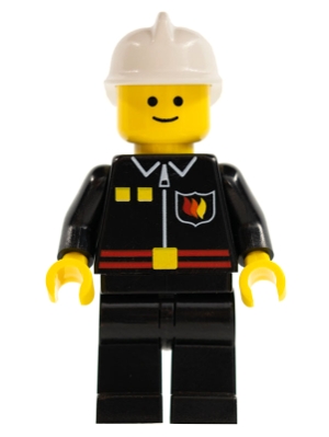 Fire - Flame Badge and 2 Buttons, Black Legs, White Fire Helmet, Black Legs, Smile