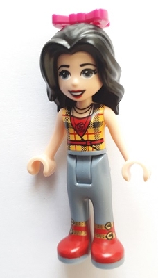 Vicky - Yellow Plaid Shirt, Sand Blue Trousers, Magenta Bow